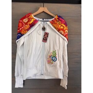 Ay Guey Normita Frida Kahlo‎ Embroidered Zip Up Hoodie White Floral Sweatshirt